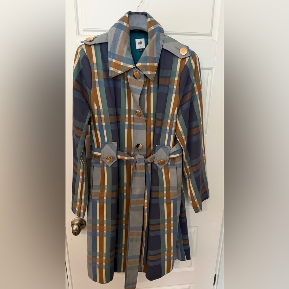 CAbi Highclere Trench Coat, Multicolor Plaid Coat with Gold Buttons